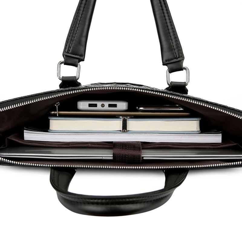 Men's Genuine Leather Double Zipper Business Crocodile Head Trendy Men's Briefcase