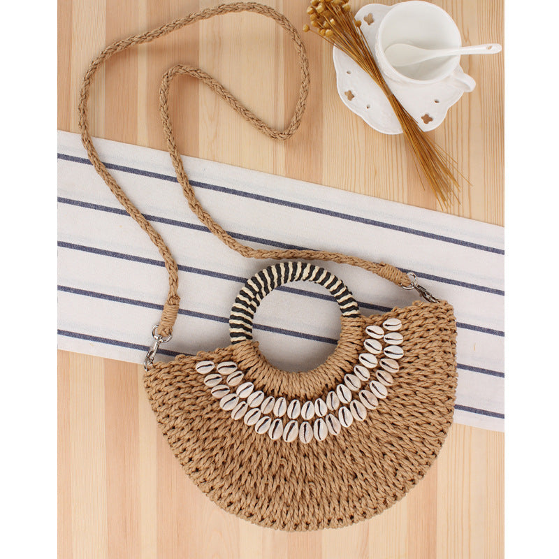 Style Natural Shell Semicircle Hand Carrying Woven Holiday Women's Shoulder Bag