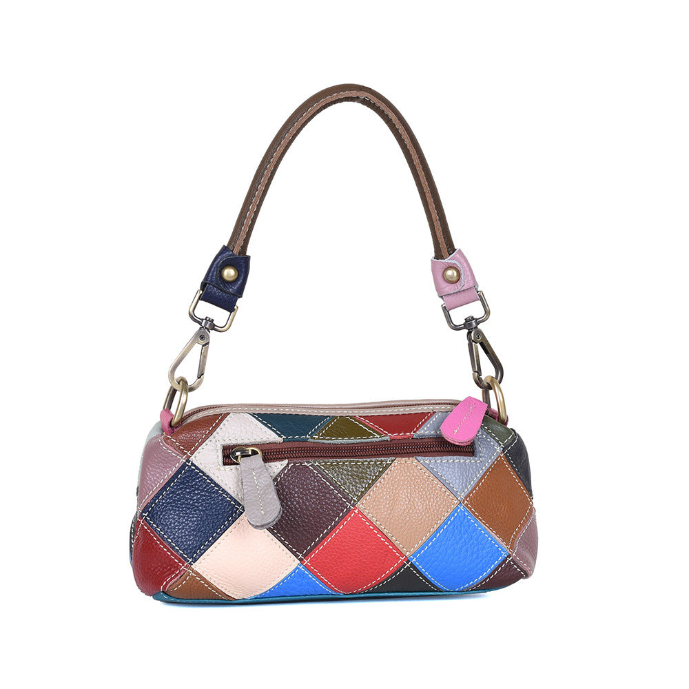 Women's Fashion Cattle Leather Color Plaid Stitching Underarm Portable Bags