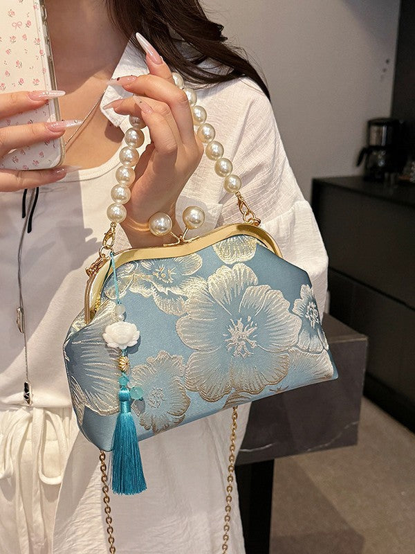Women's Embroidered Flower Dinner Pearl Tassel Chain Small Square Bag