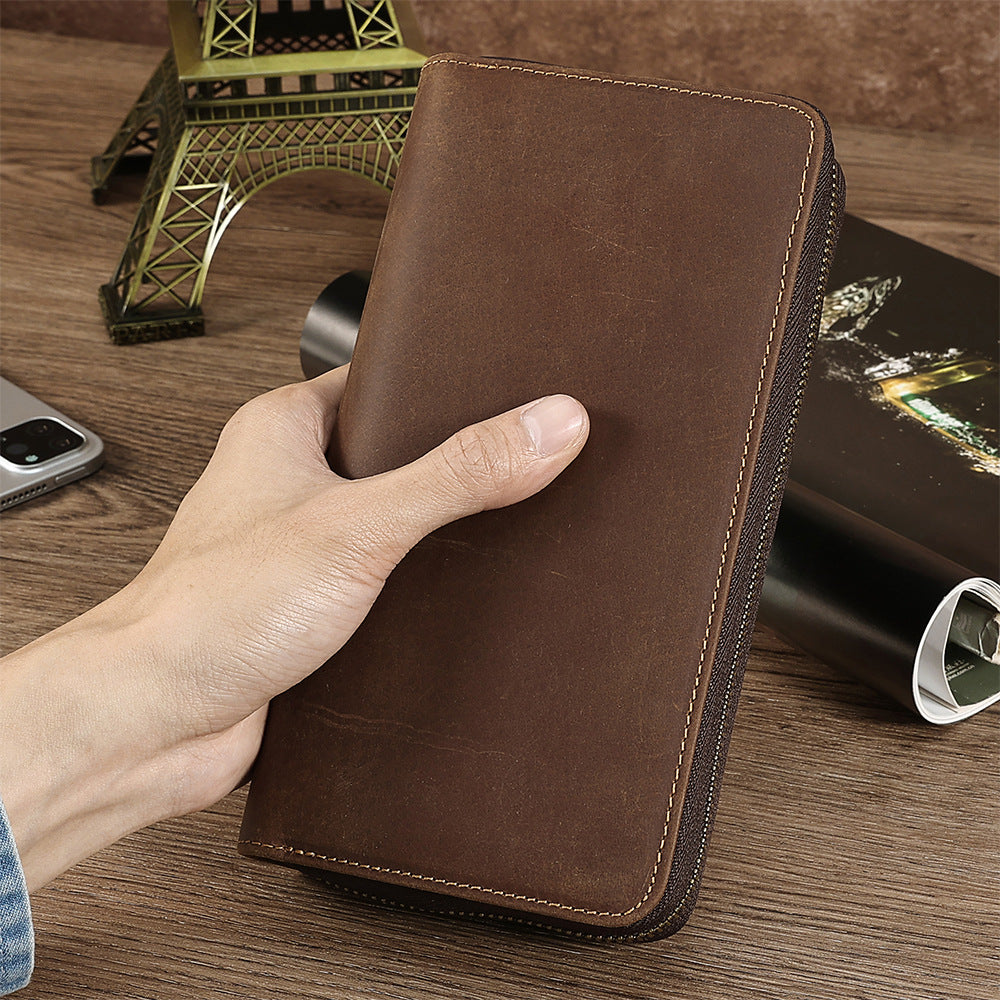 Men's Crazy Horse Leather Vintage Long Business Men's Clutch