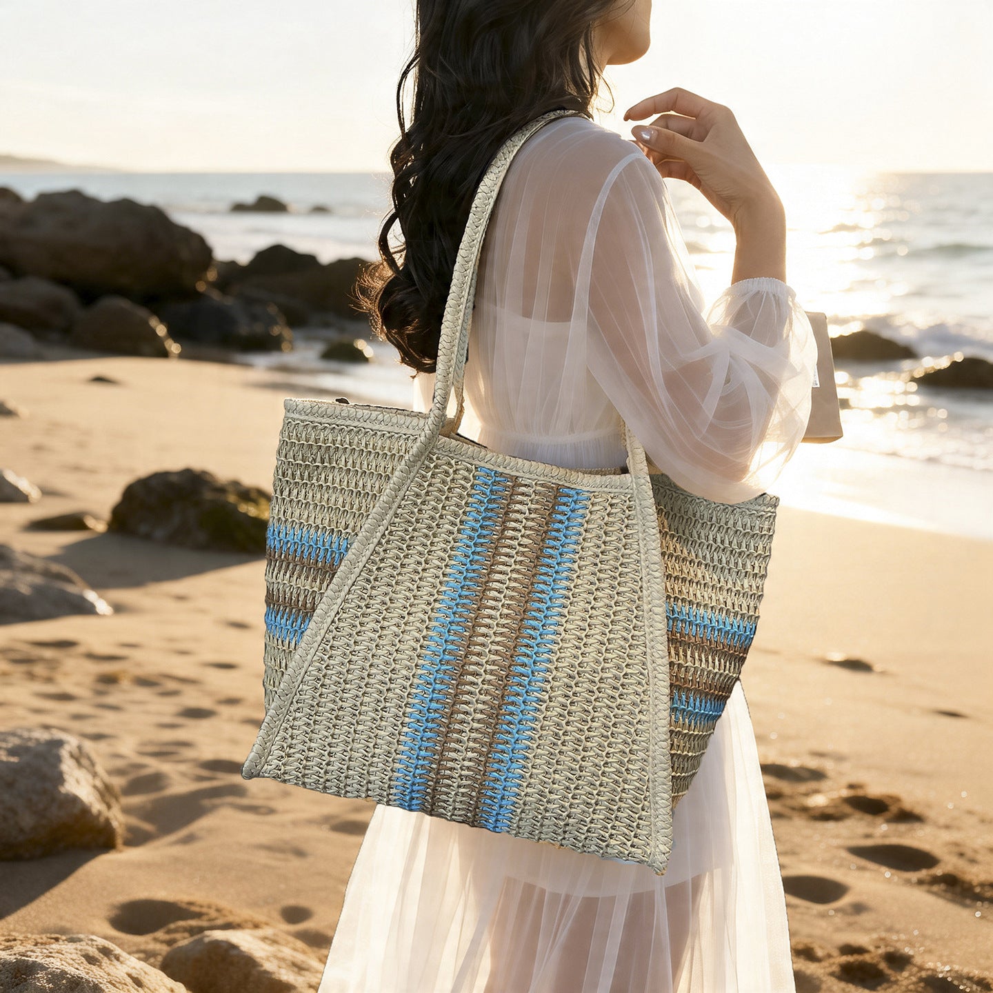 Women's Vegetable Basket Mother Storage Beach Weaving Mummy Bag