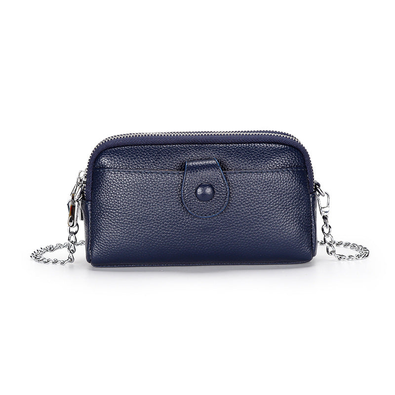Women's Genuine Leather Chain Layer Cowhide Double Zipper Women's Clutch