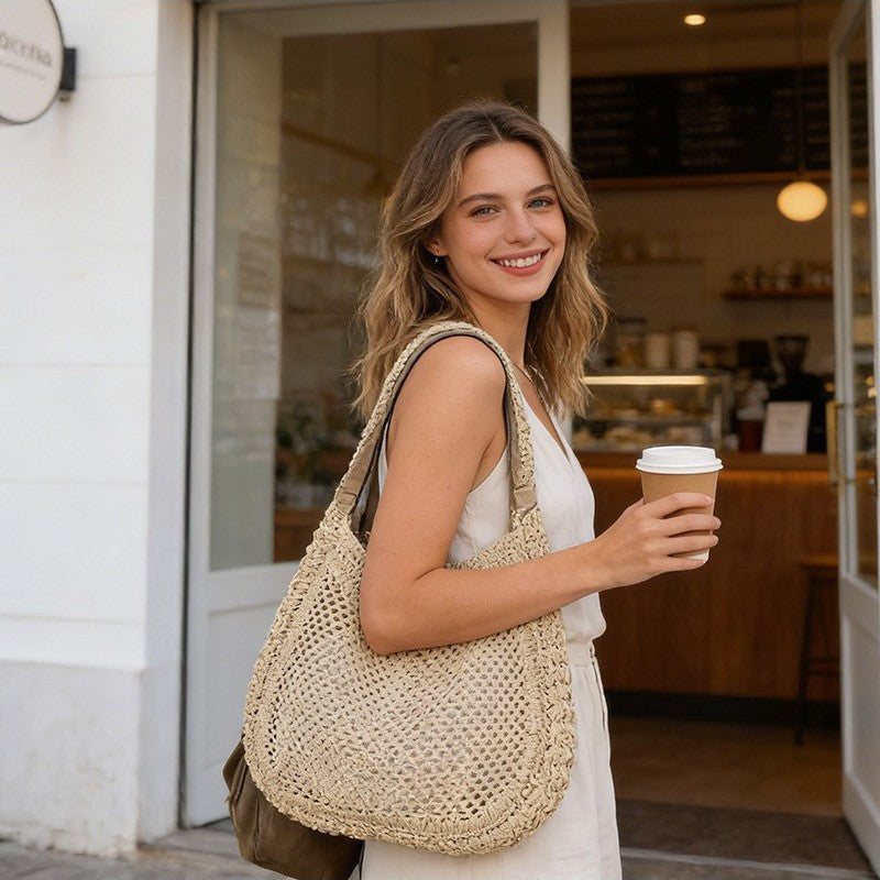 Women's Large Capacity Straw Hollow Solid Color Woven Seaside Vacation Style Women's Shoulder Bag