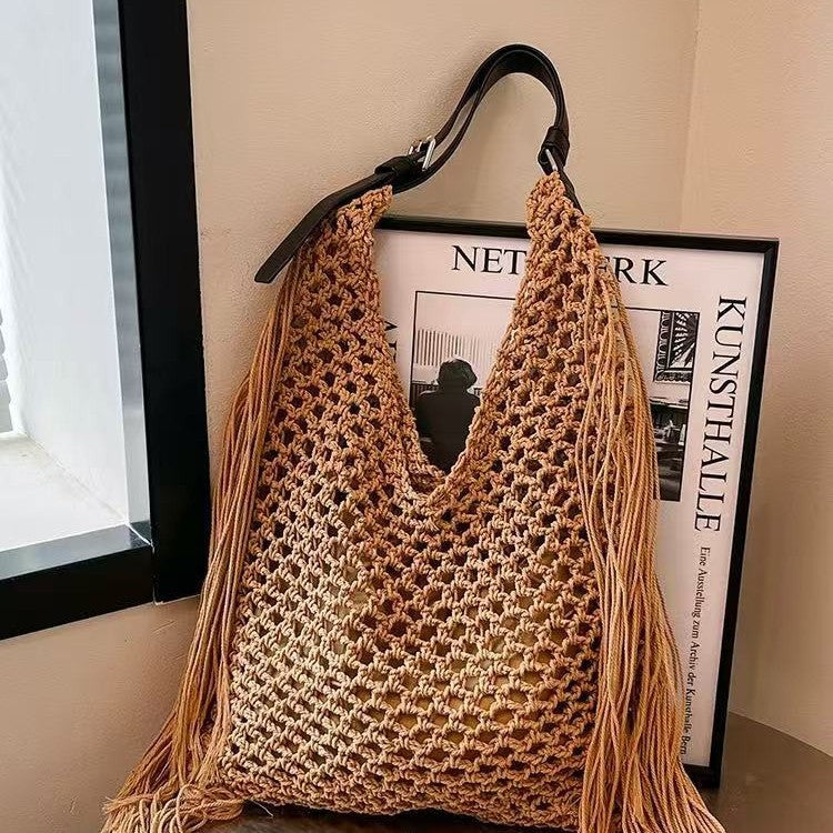 Women's Long Fringe Single Cotton Thread Woven Big Triangle Hollow Straw Women's Shoulder Bag
