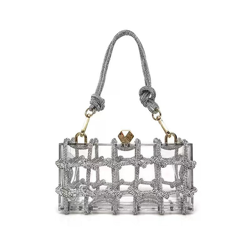 Women's French Shiny Transparent Acrylic Box Diamond Handmade Dinner Bag