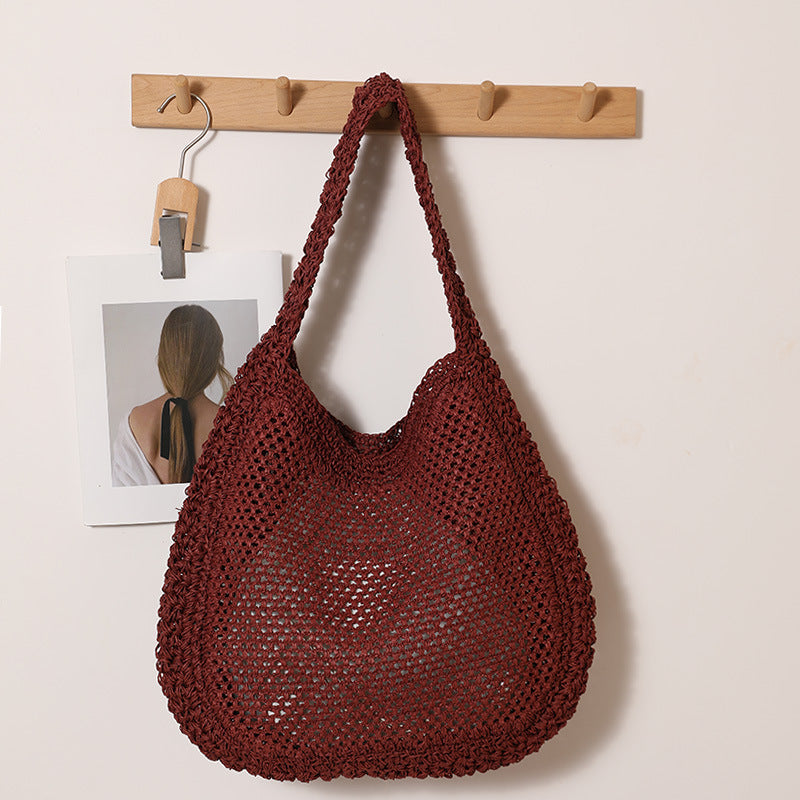 Women's Large Capacity Straw Hollow Solid Color Woven Seaside Vacation Style Women's Shoulder Bag