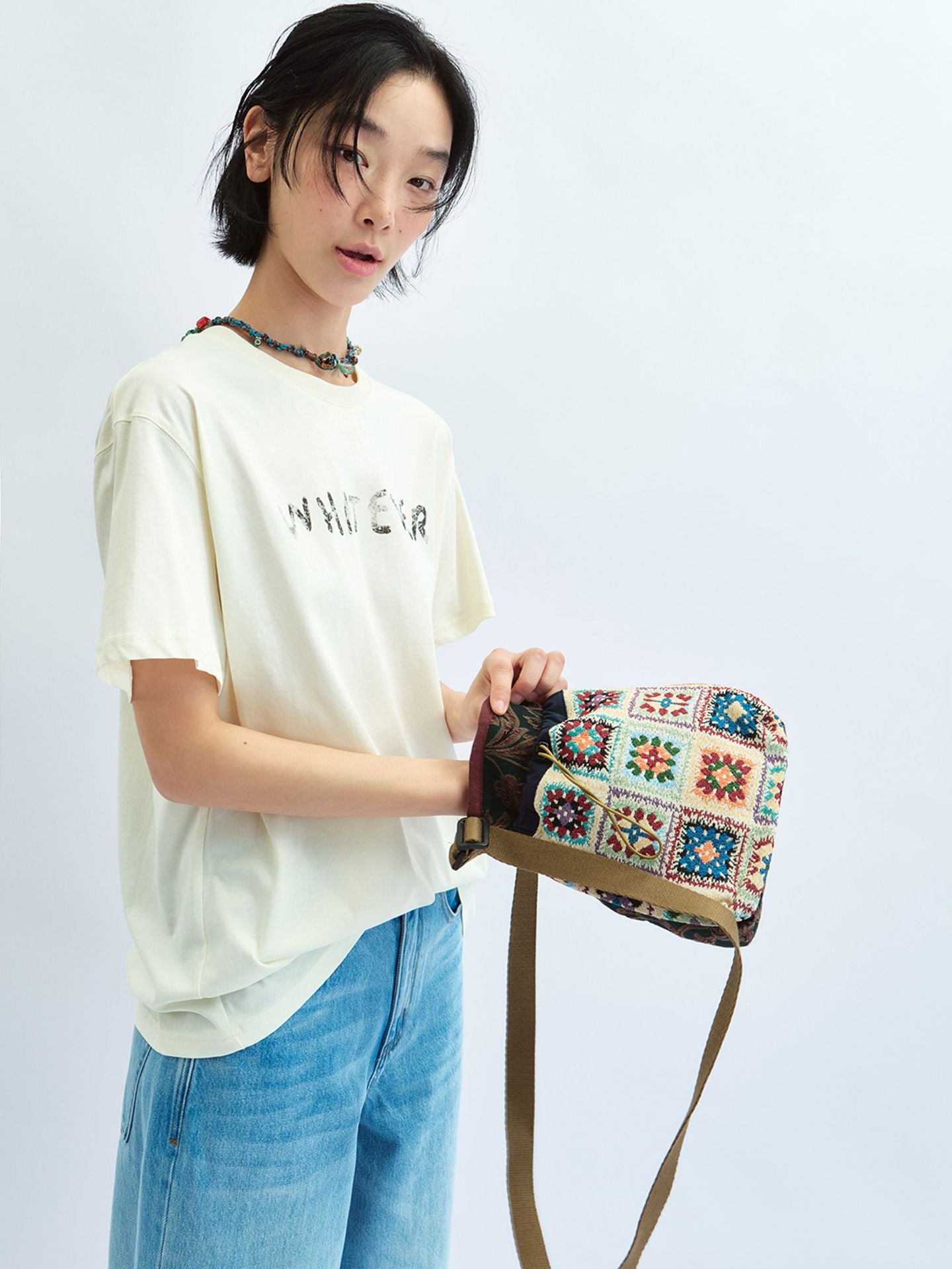 Black Logo Retro Trendy Patchwork Multiple Materials Pig Nose Button Women's Messenger Bag