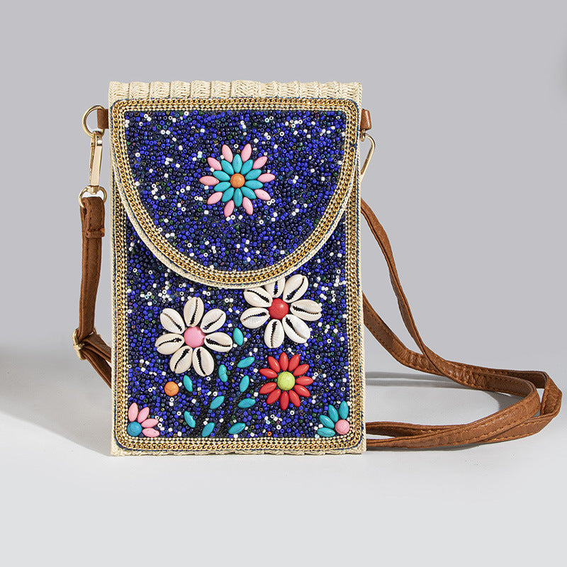 Women's Style Bead Turquoise Pattern Straw Woven Shoulder Bags