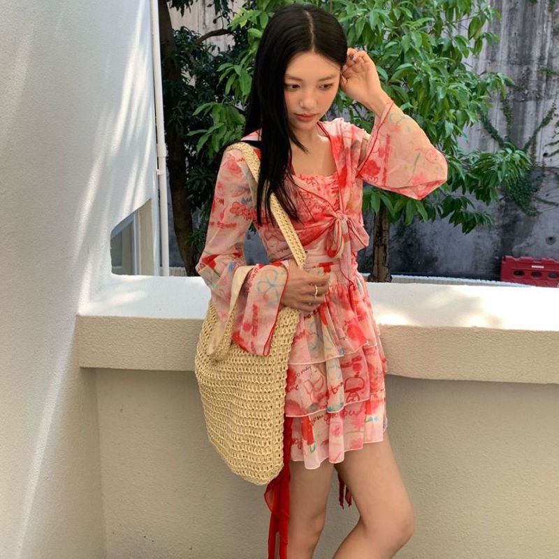 Vacation Blouse Swimsuit Red Printed Dress Slimming Slim Ladies Wallet