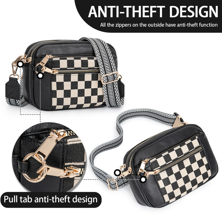 Chessboard Plaid Fashion Retro Double Zipper Women's Shoulder Bag
