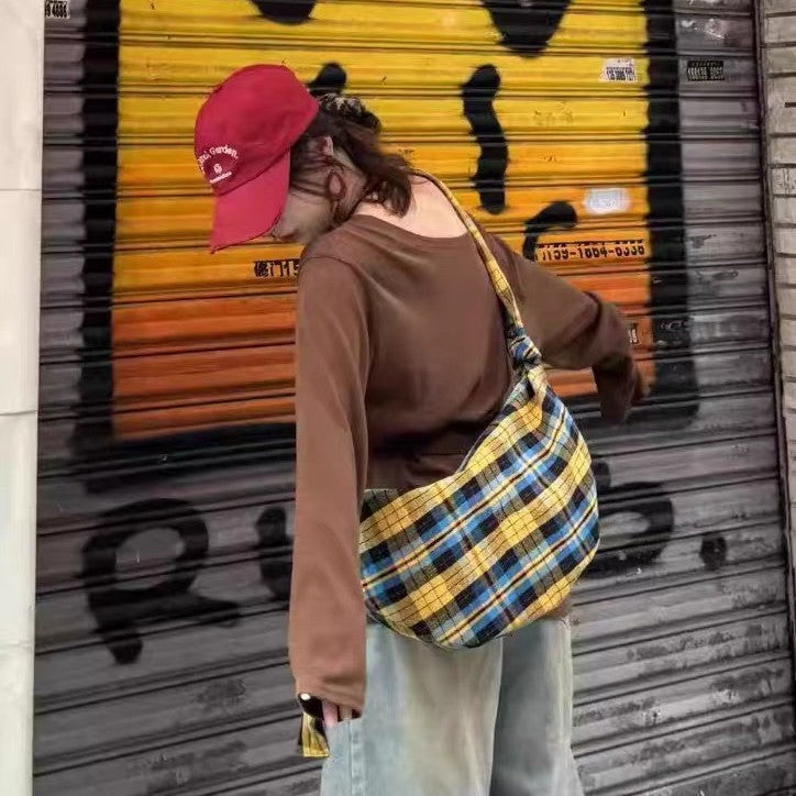 Plaid Contrast Color Pleated Canvas Croissant Female Niche Western Style Bags