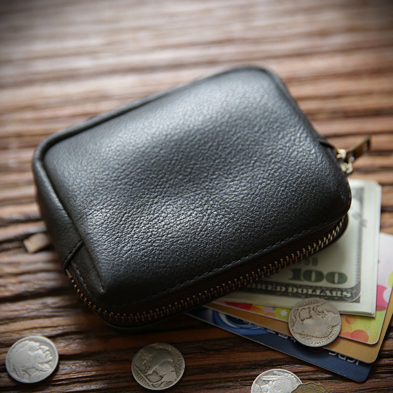 Women's & Men's Cowhide Handmade Zipper Leather Three-dimensional Storage Men's Wallet
