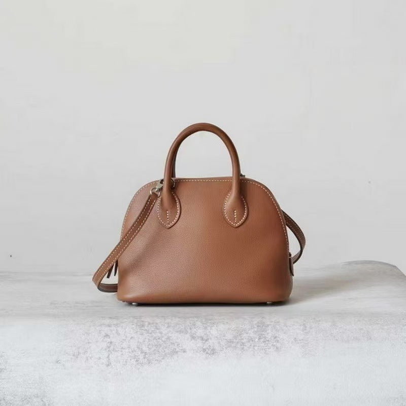 Bowling Top Layer Leather Steel Hardware Half Hand Sewing Thread Women's Messenger Bag