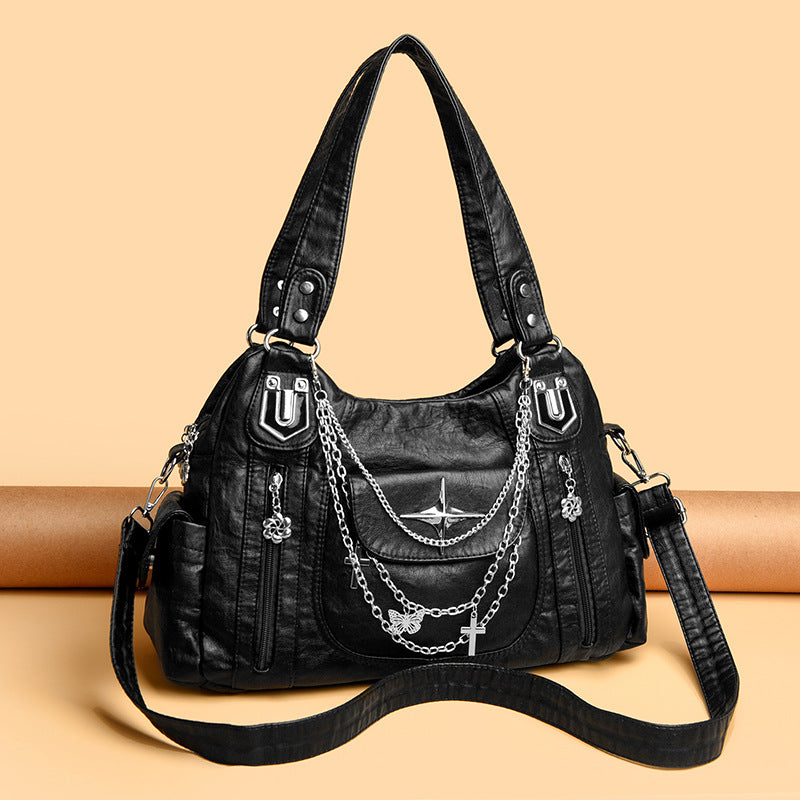 Women's Retro Distressed Chain Motorcycle Personalized Fashion Hot Large Capacity Tote Bags