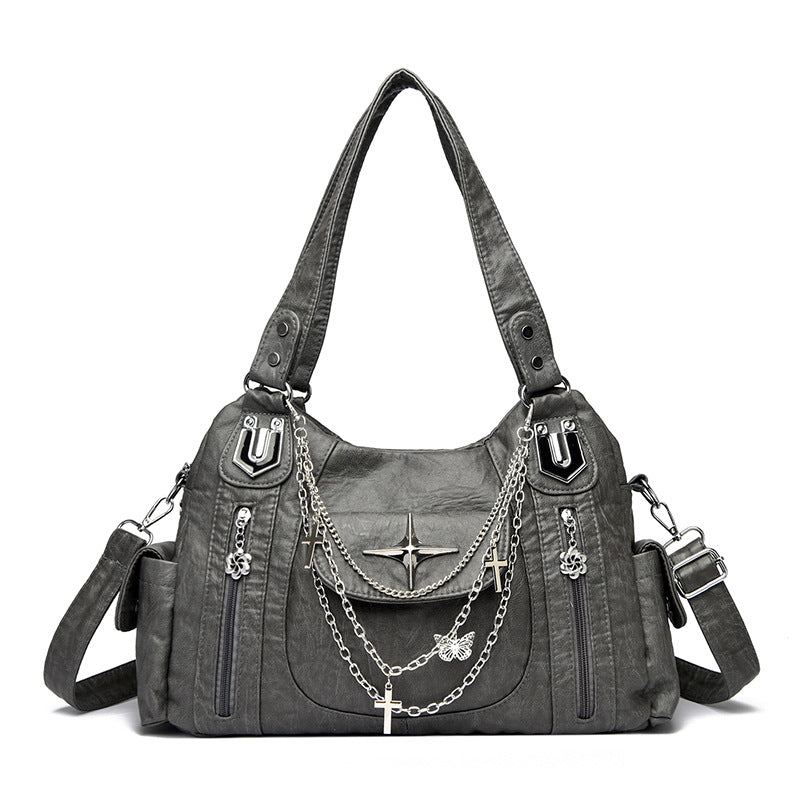 Women's Retro Distressed Chain Motorcycle Personalized Fashion Hot Large Capacity Tote Bags