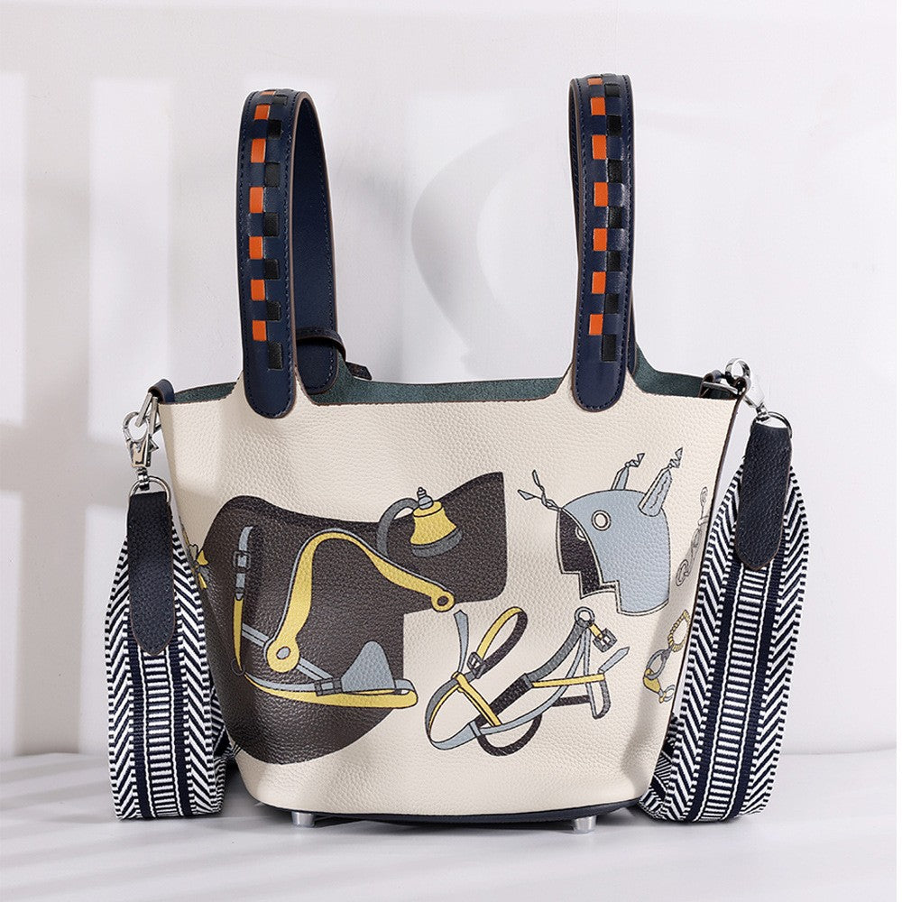 Women's First Layer Cowhide Painted Vegetable Basket Portable Genuine Bags