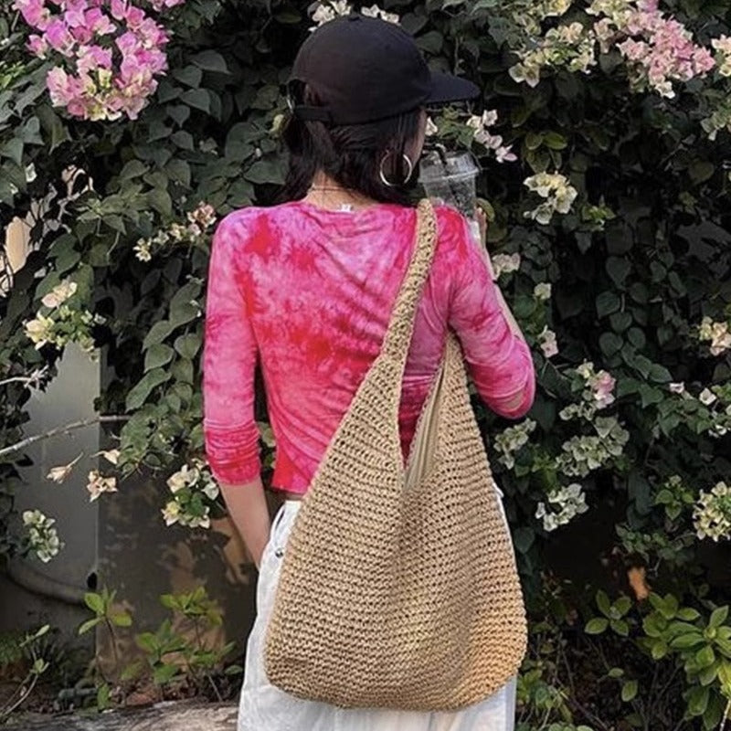 Women's Large Capacity Straw Summer Canvas Seaside Vacation Beach Tote Bag