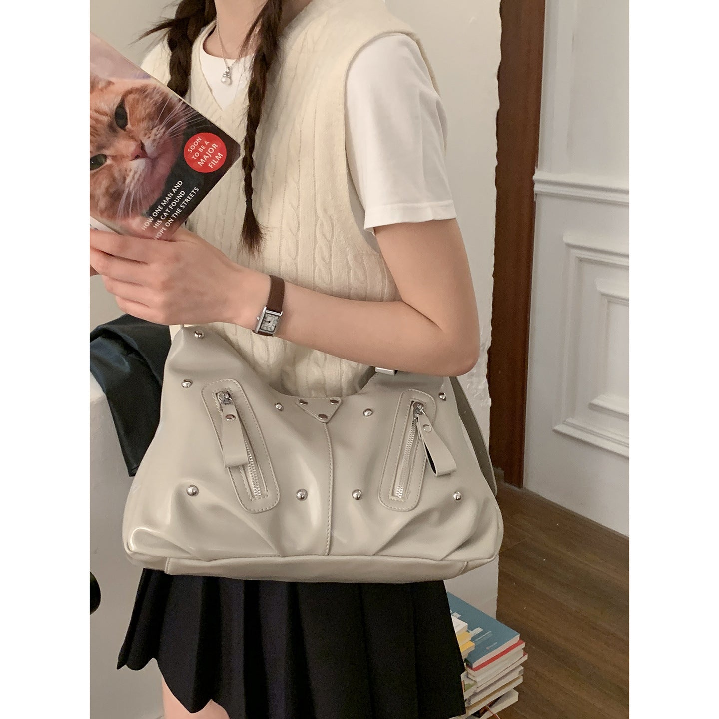 Women's Korean Style Large Capacity Underarm Simple Soft Surface Tote Bag