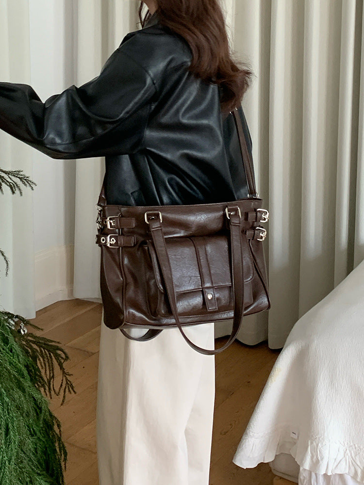 Retro Coffee Color Versatile Large Capacity Commuter Korean Preppy Women's Shoulder Bag