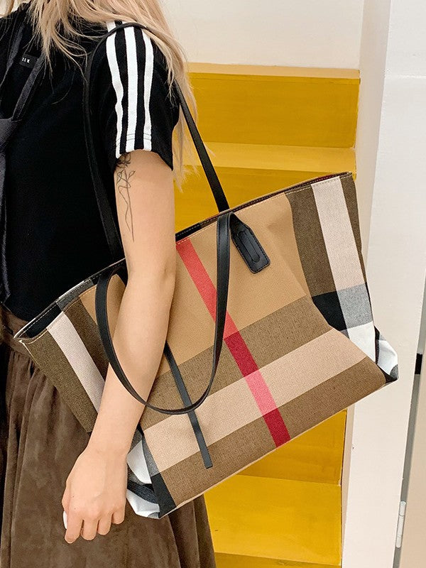 Women's Canvas Check Pattern Large Capacity Totes Shopping Textured Women's Shoulder Bag