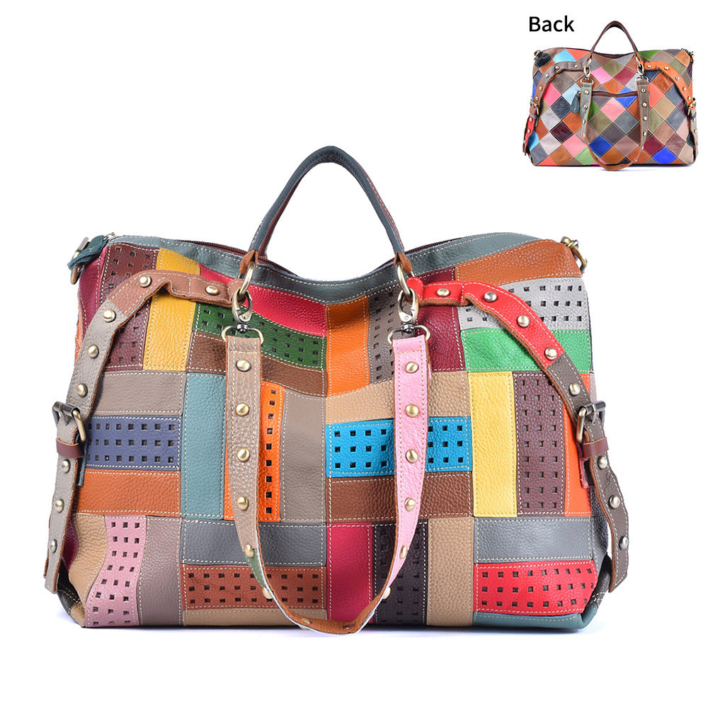 Women's Leather Contrast Color Trendy Design Portable Women's Handbag