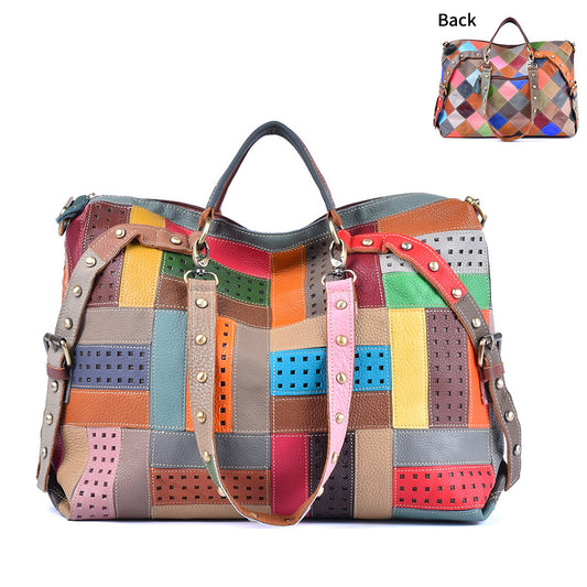 Women's Leather Contrast Color Trendy Design Portable Women's Handbag