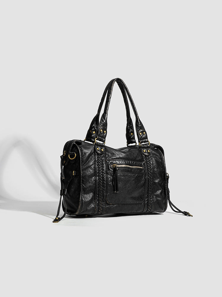 Women's French Retro Motorcycle Large Capacity Washed Tote Bags