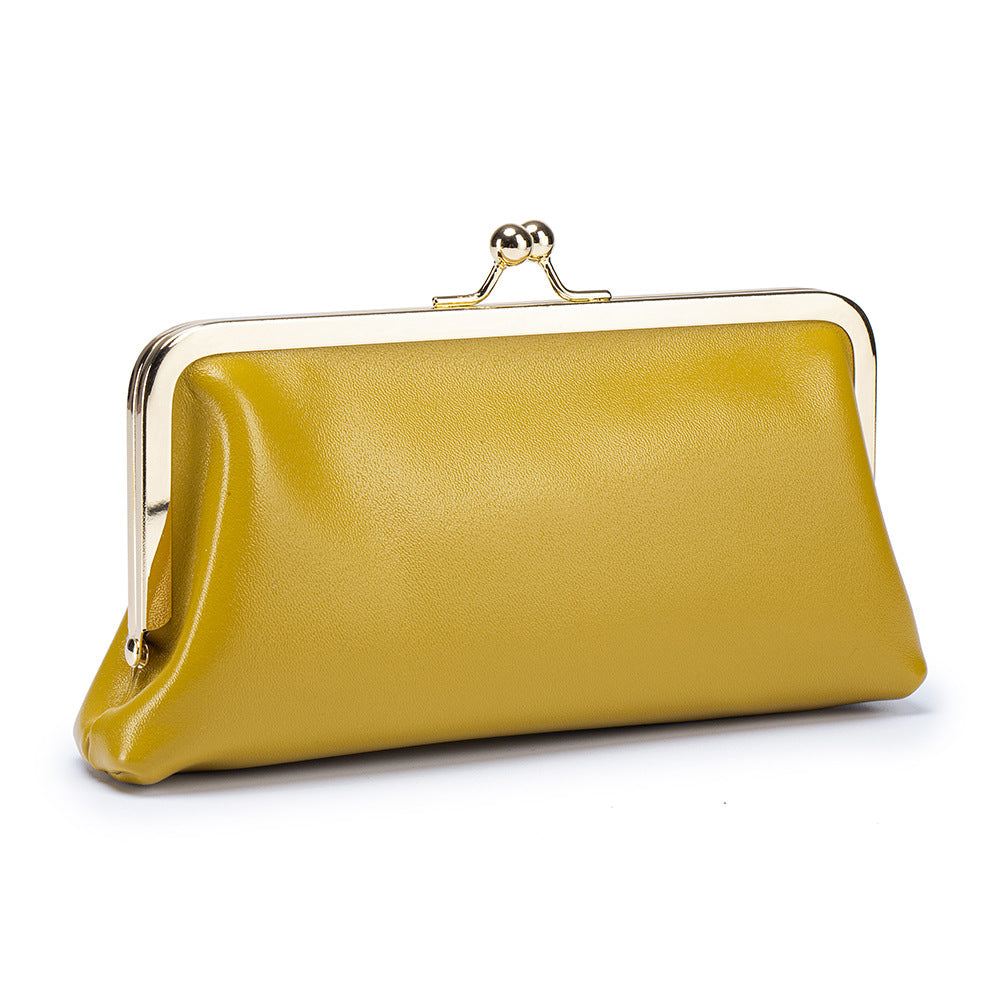 Women's Genuine Leather Retro Clip Long Simple Frame Storage Large Women's Clutch