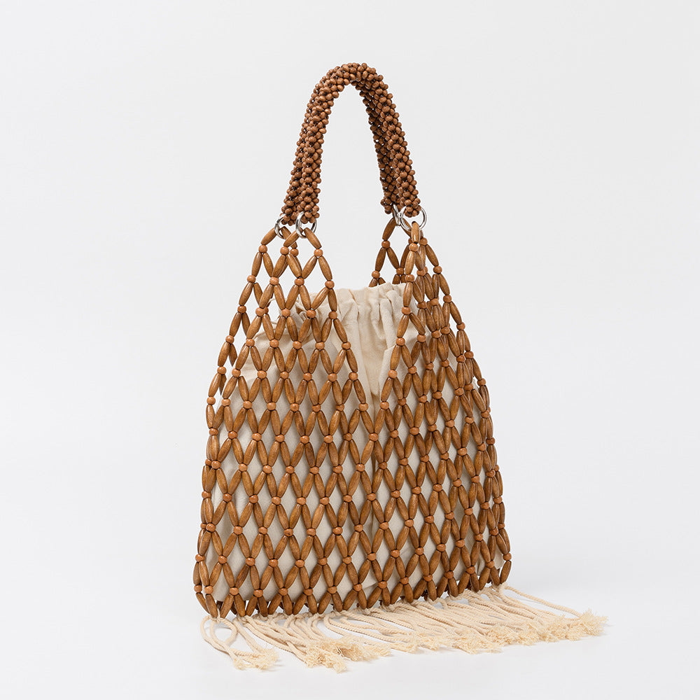 Tassel Hand-woven Beaded Trendy With Wooden Beads Bags