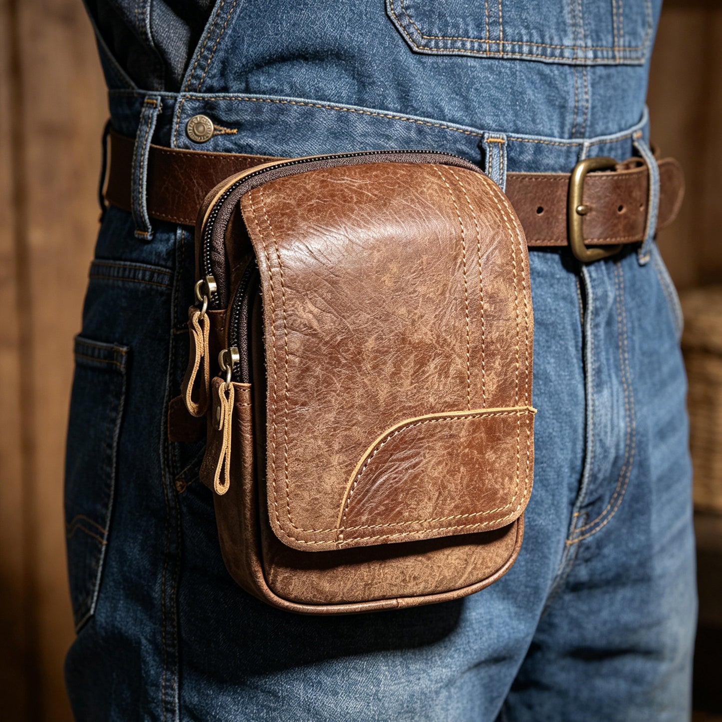 Men's Leather Layer Cowhide Hanging Riding Construction Site Men's Fanny Pack