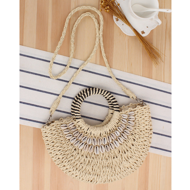 Style Natural Shell Semicircle Hand Carrying Woven Holiday Women's Shoulder Bag