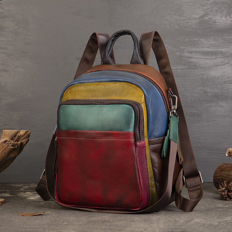 Women's Spring Leather Colored Mosaic Design Sense Large Capacity Backpacks