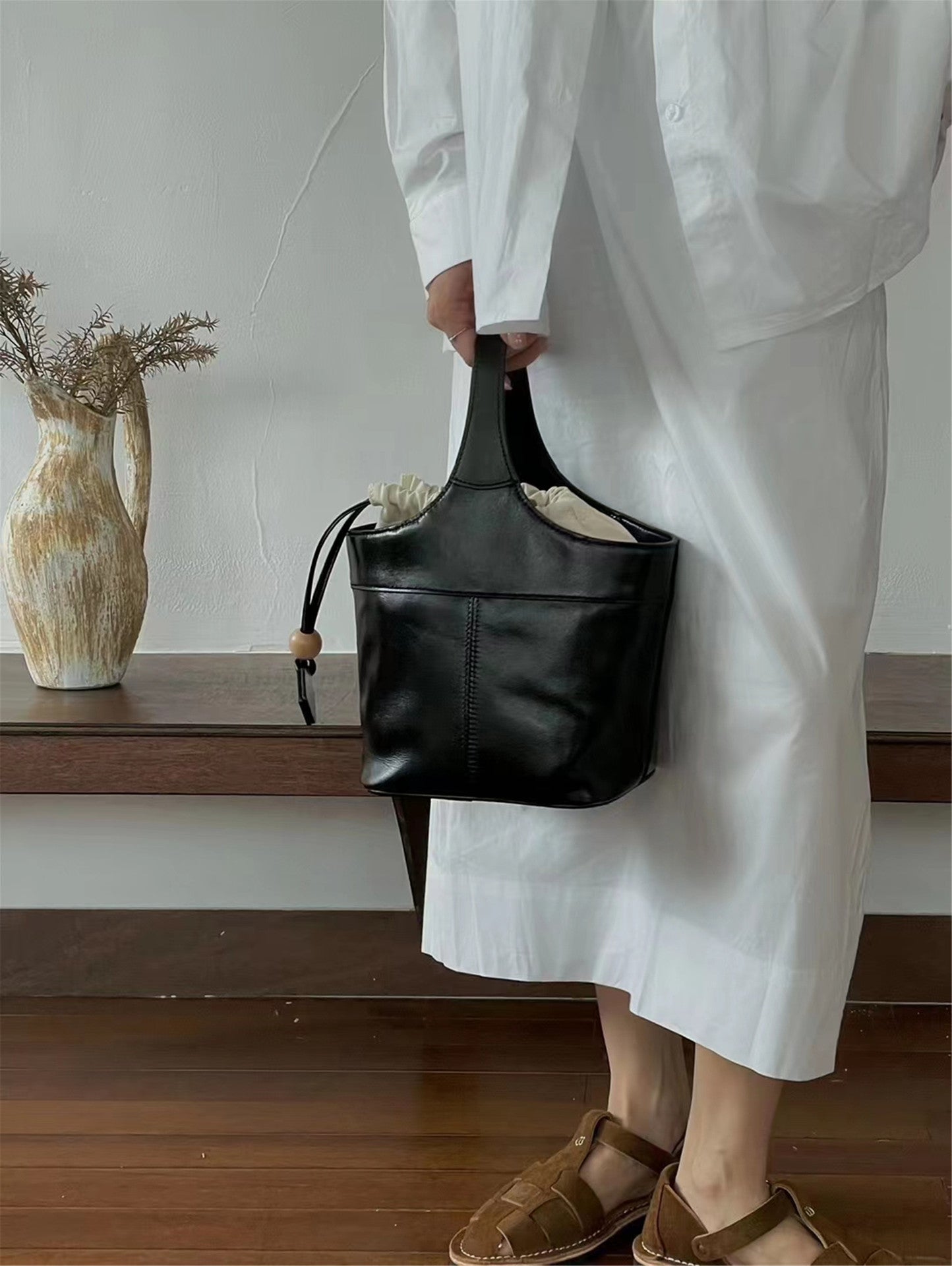 First Layer Cowhide Large Capacity Vegetable Basket Women's Handbag