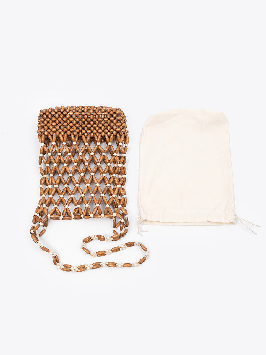 Women's Beaded Contrast Color Hand-woven Leisure With Wooden Women's Shoulder Bag