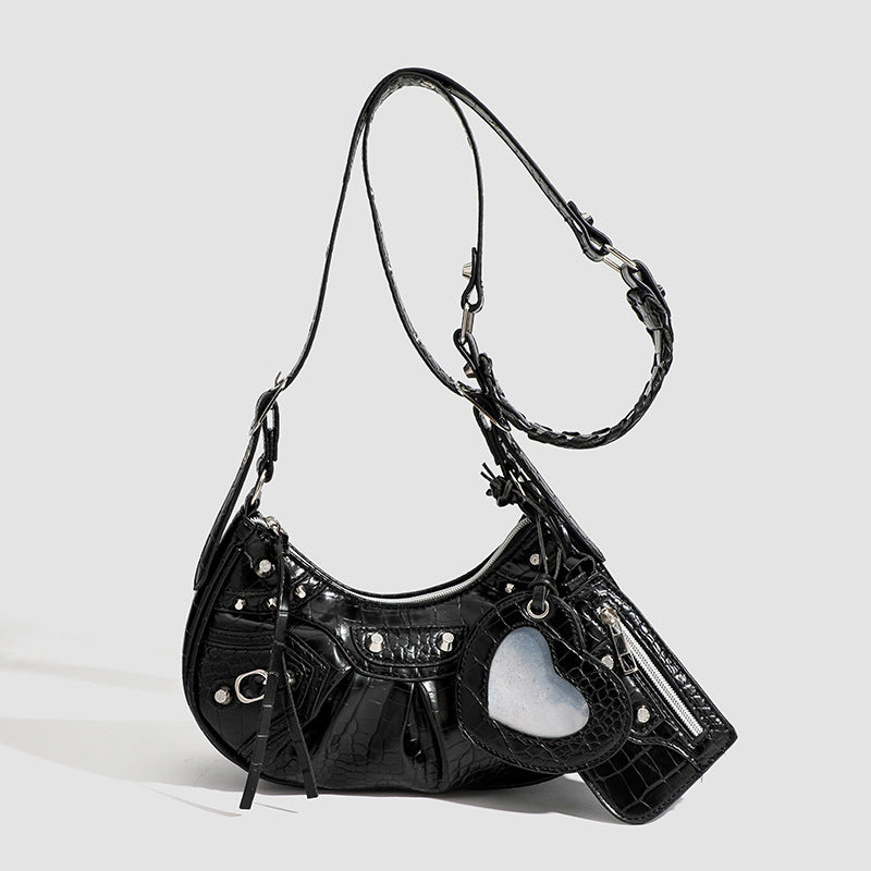 Motorcycle Denim Underarm Diamond Rivet Crocodile Women's Shoulder Bag
