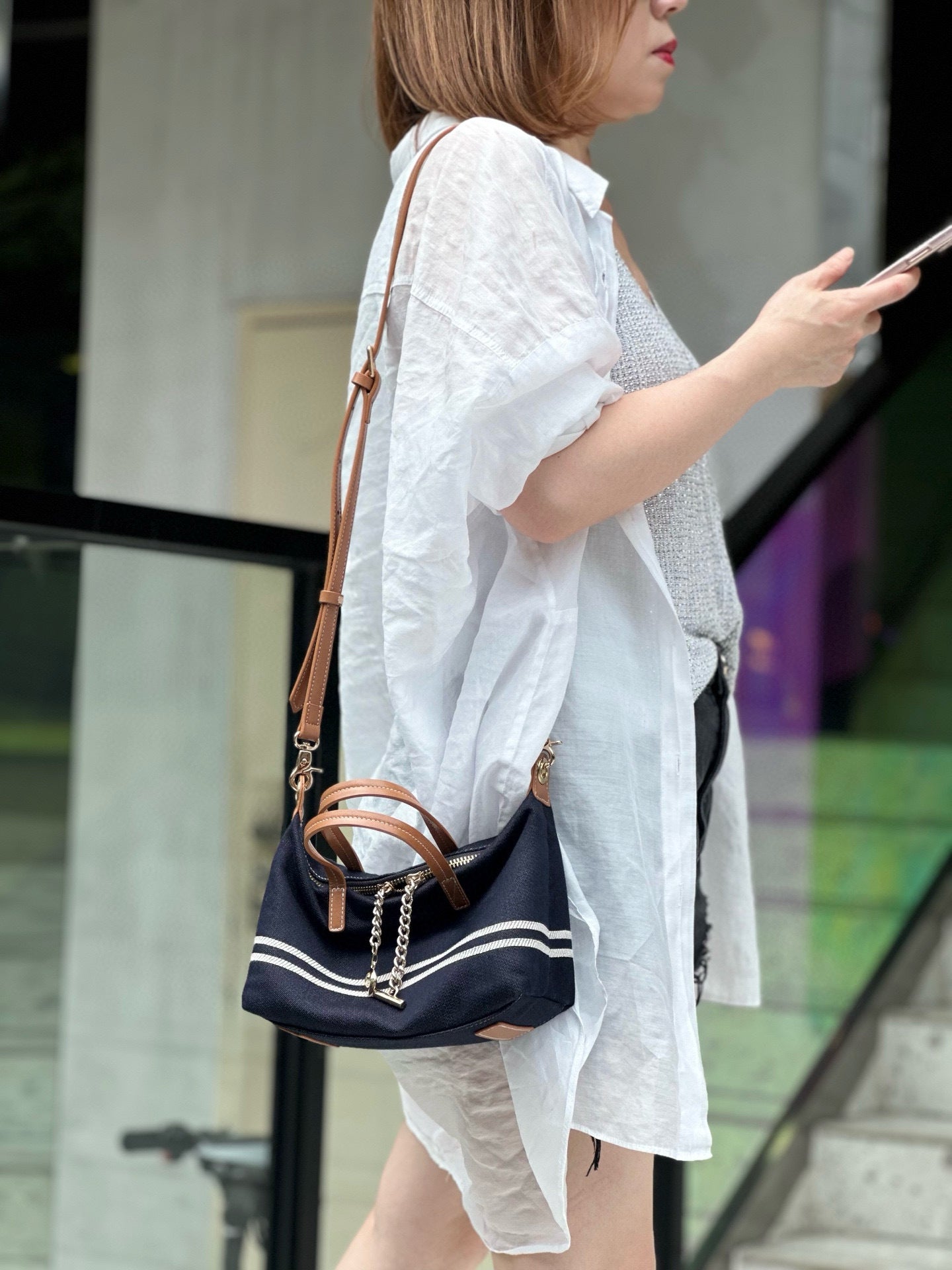 Women's Imported Washed Denim With Cowhide Leather Medium Leisure Bags
