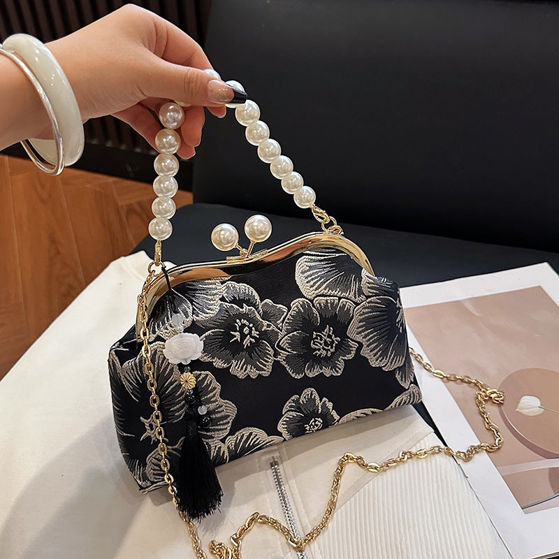 Women's Embroidered Flower Dinner Pearl Tassel Chain Small Square Bag