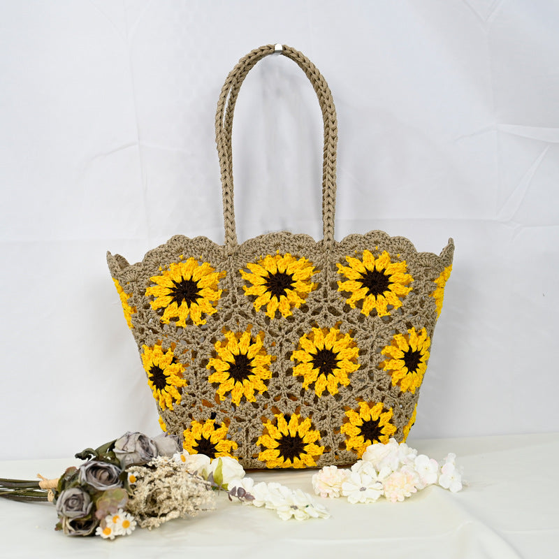 Women's Patchwork Hollow Leisure Vacation Bearded Needle Korean Tote Bags