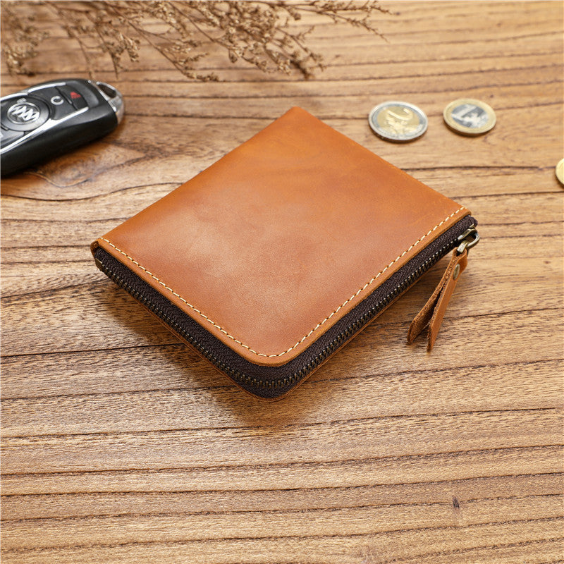 Men's Crazy Horse First Layer Short Cowhide Zipper Ladies Wallet
