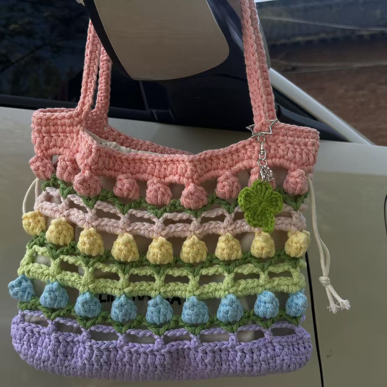 Spring Flower Stitching Hollow Wool Hand-woven Finished For Women's Shoulder Bag
