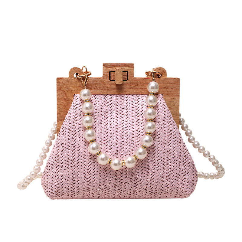Women's Wood Clipped Button Summer Fashion Woven Pearl Shell Bags