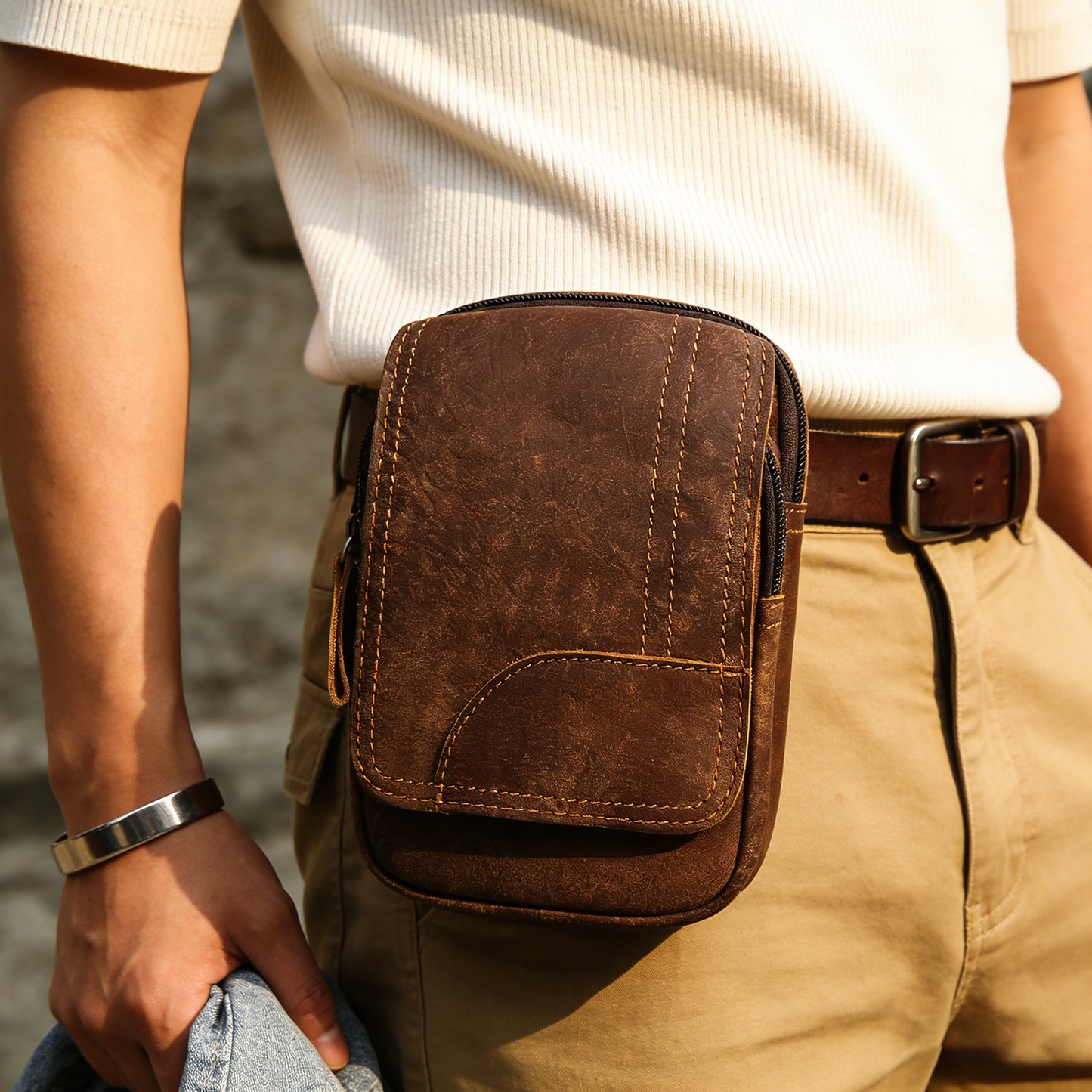 Men's Leather Layer Cowhide Hanging Riding Construction Site Men's Fanny Pack