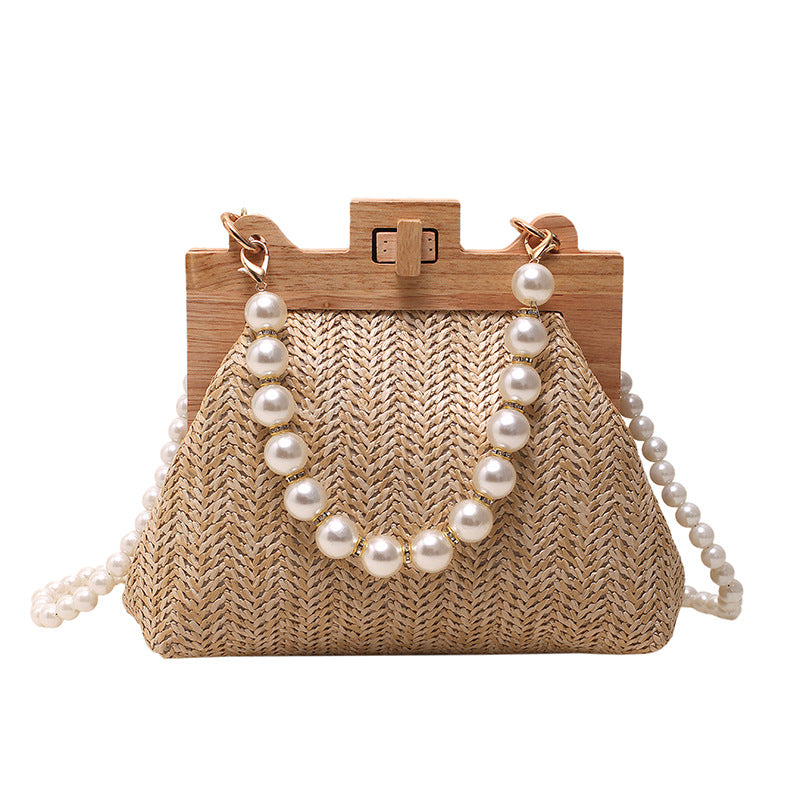 Women's Wood Clipped Button Summer Fashion Woven Pearl Shell Bags