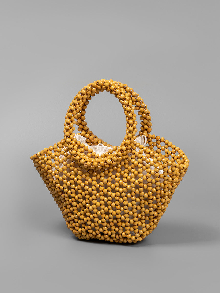 Women's Hand-woven Large Capacity With Wooden Beads Decoration Seaside Vacation Beach Handbags