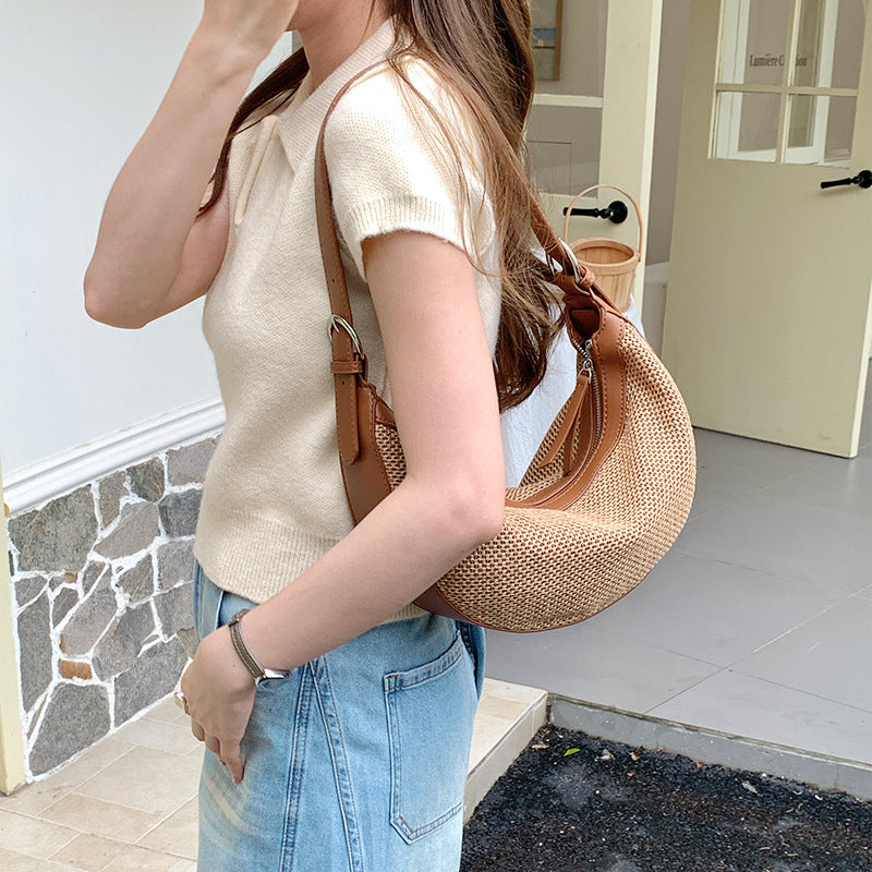 Niche Woven Straw Female Korean Retro Patchwork Selenodont Underarm Bag