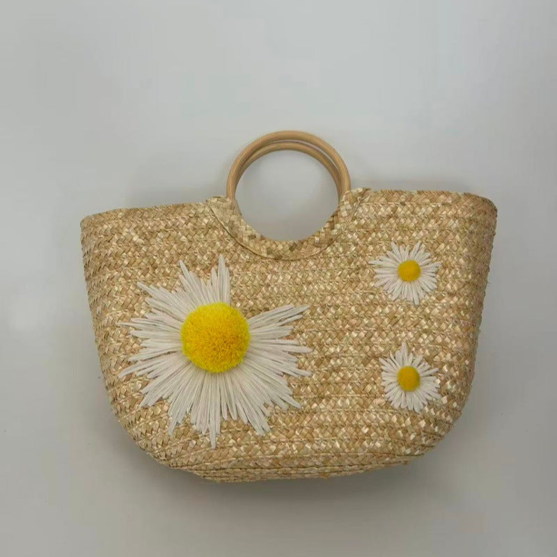 Lemon Semicircle Straw Braid Handmade Embroidery Market Vegetable Women's Shoulder Bag