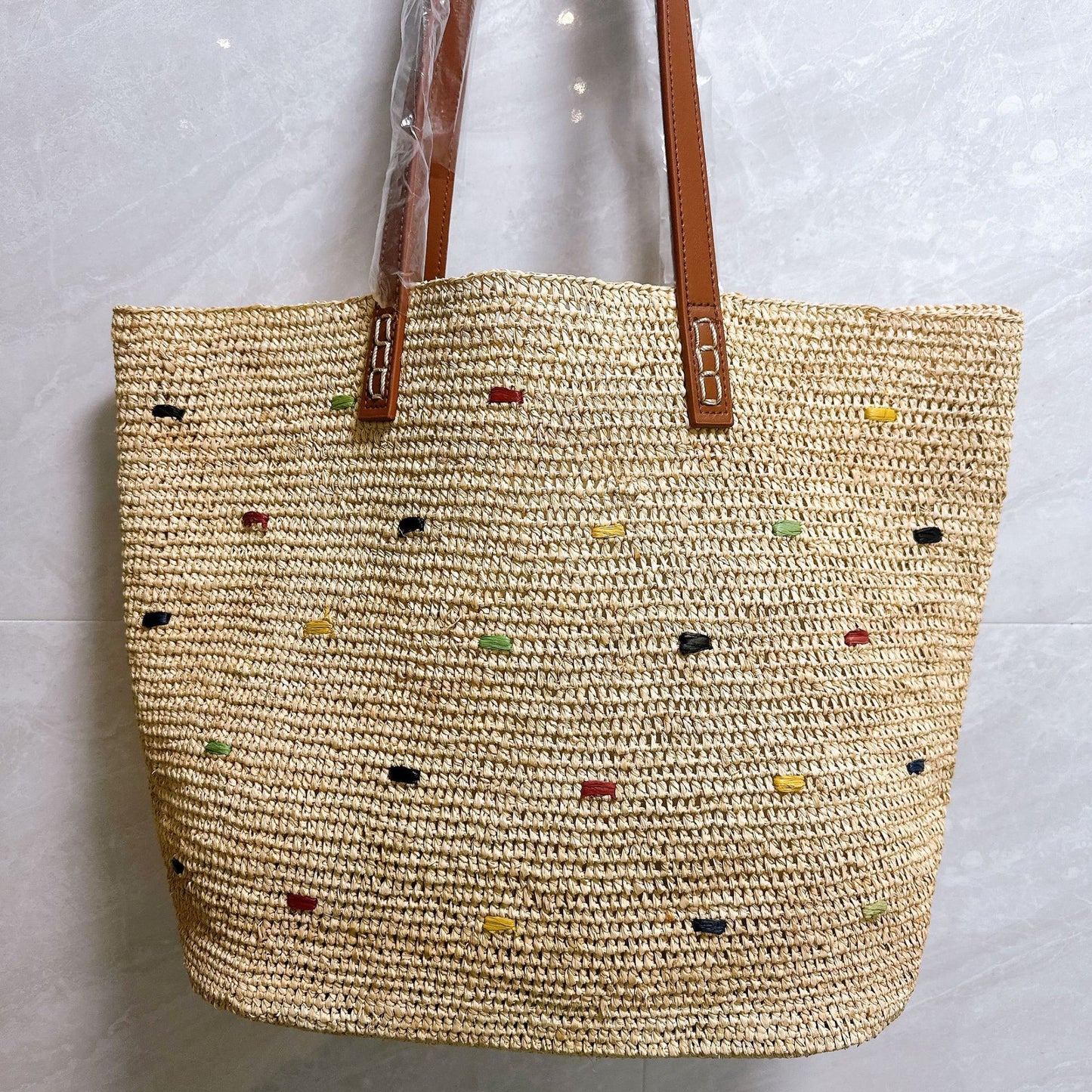 Women's Style Hand Crocheting Raffia Stitching Leather Strap Woven Seaside Women's Shoulder Bag
