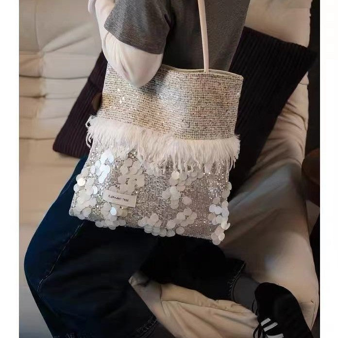 Commuter Sequined Large Capacity White Premium Design Light Shoulder Bags