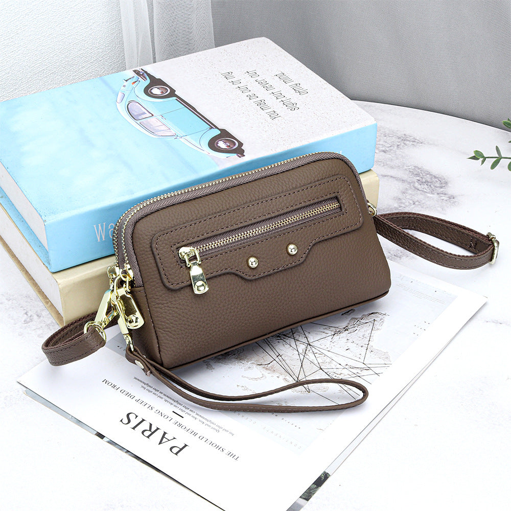 Women's Motorcycle Layer Cowhide Double Zipper Multifunctional Women's Messenger Bag